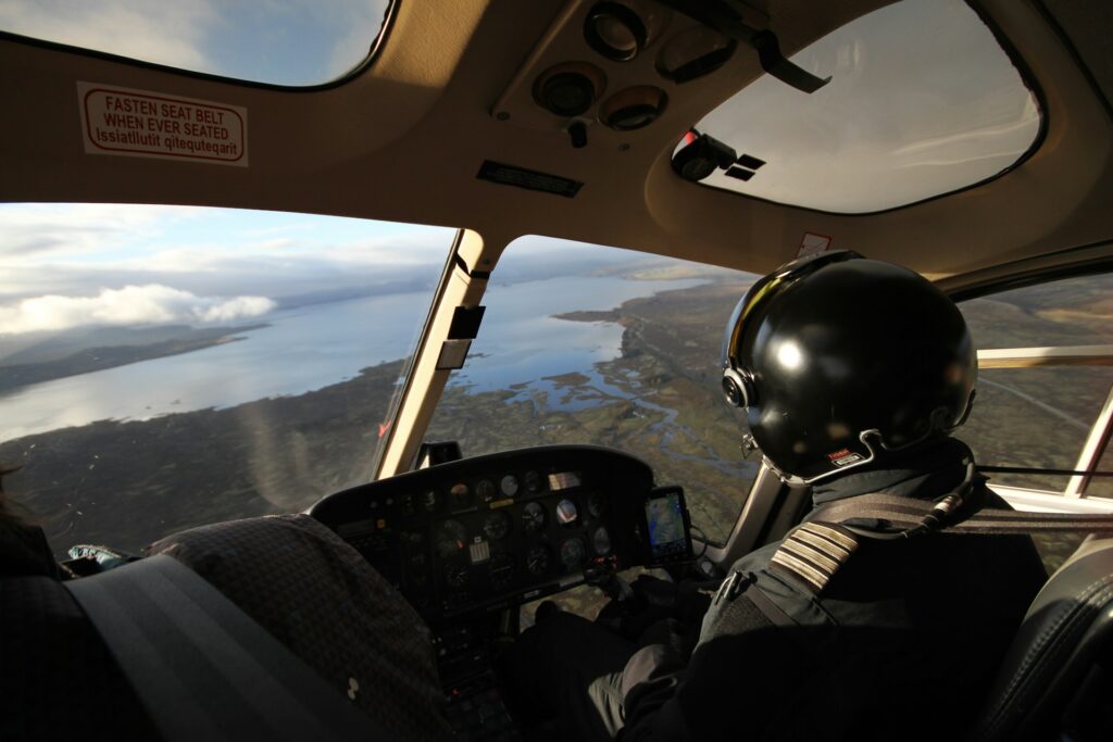 Helicopter flying over Iceland